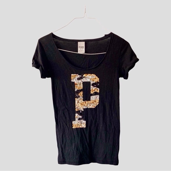 PINK Victoria's Secret Black Sequin T-Shirt leopard print sequins mcbling y2k - Picture 1 of 9